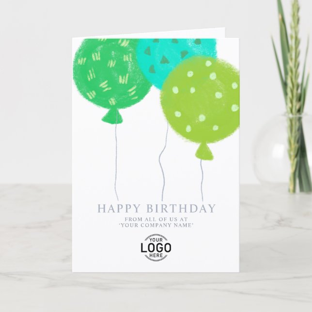 Custom Logo Green Balloons Business Birthday Card (Front)