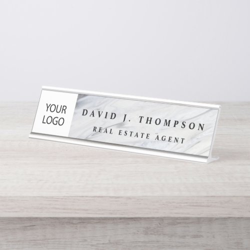 Custom Logo Grey White Marble Professional Desk Name Plate