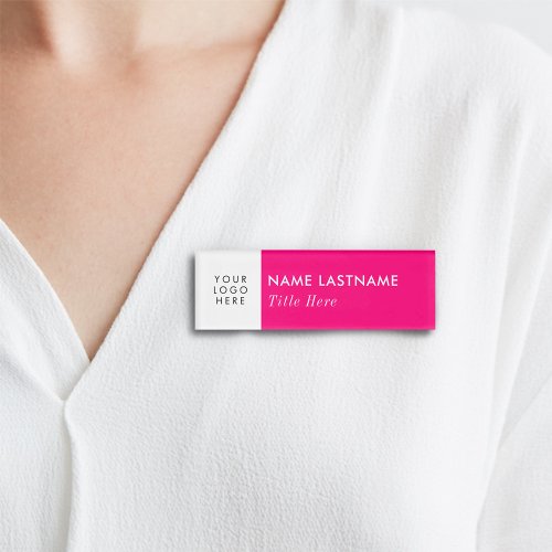 Custom Logo Here Bright Pink Elegant White Title Name Tag