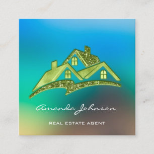 Custom Logo House Real Estate Agent Blue Green Square Business Card