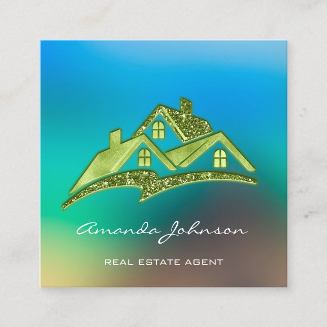 Custom Logo House Real Estate Agent Blue Green Square Business Card (Front)