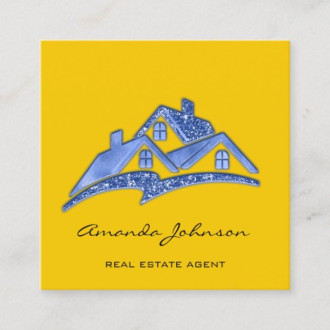 Custom Logo House Real Estate Agent Blue Yellow Square Business Card (Front)