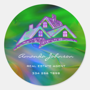 Custom Logo House Real Estate Agent Glitter Blue  Classic Round Sticker