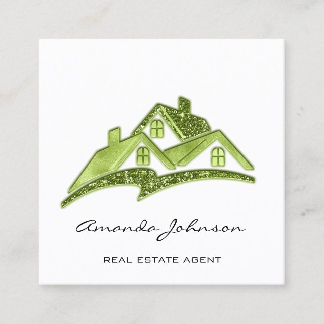 Custom Logo House Real Estate Agent Green White Square Business Card (Front)