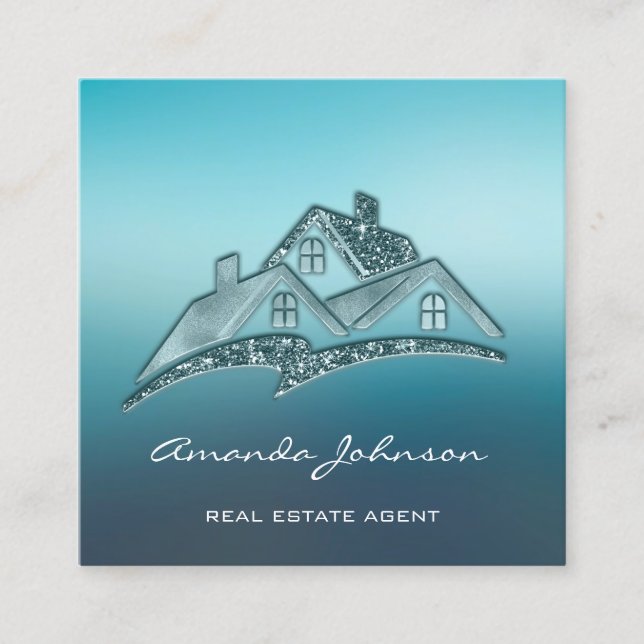 Custom Logo House Real Estate Agent Home Blue Glam Square Business Card (Front)