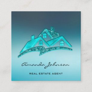 Custom Logo House Real Estate Agent Home Blue Teal Square Business Card