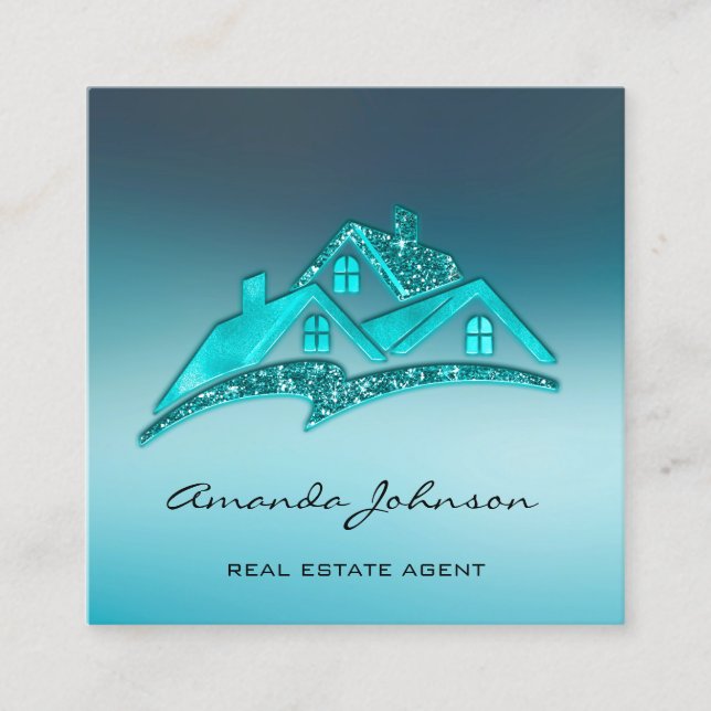 Custom Logo House Real Estate Agent Home Blue Teal Square Business Card (Front)