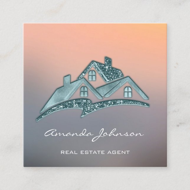 Custom Logo House Real Estate Agent Home Gray Teal Square Business Card (Front)