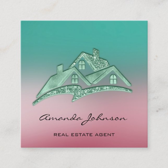 Custom Logo House Real Estate Agent Home Pink Teal Square Business Card (Front)