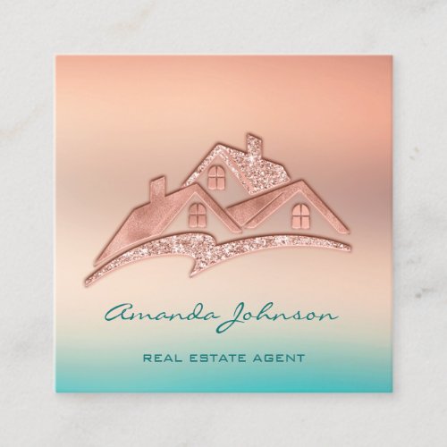 Custom Logo House Real Estate Agent Home Teal Rose Square Business Card