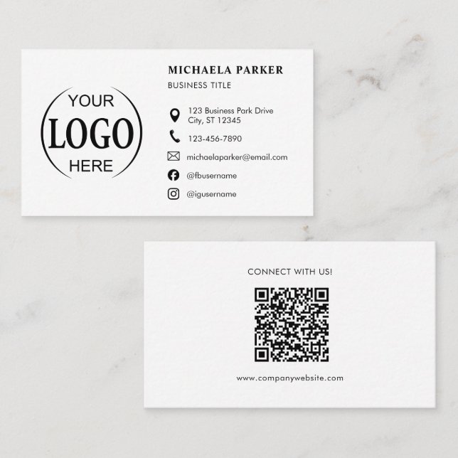 Custom Logo Icons Modern White QR Code Business Card (Front/Back)