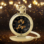 Custom logo image business black background gold pocket watch<br><div class="desc">Add your own business logo to this watch.   Black colored background. Perfect for promoting your business and your brand.  Faux gold clock face numbers.</div>