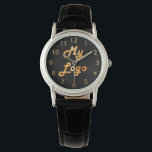 Custom logo image business black background gold watch<br><div class="desc">Add your own business logo to this watch.  Black background. Perfect for promoting your business and your brand.  Faux gold clock face numbers.</div>