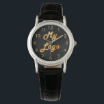 Custom logo image business black background gold watch<br><div class="desc">Add your own business logo to this watch.  Black background. Perfect for promoting your business and your brand.  Faux gold clock face numbers.</div>