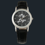 Custom logo image business black background woman watch<br><div class="desc">Add your own business logo to this watch.  Black background. Perfect for promoting your business and your brand.  White clock face numbers.</div>