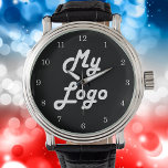 Custom logo image business black watch<br><div class="desc">Add your own business logo to this watch.  Black background. Perfect for promoting your business and your brand.  Smals white clock face numbers.

This watch is also available in our store with larger numbers.</div>