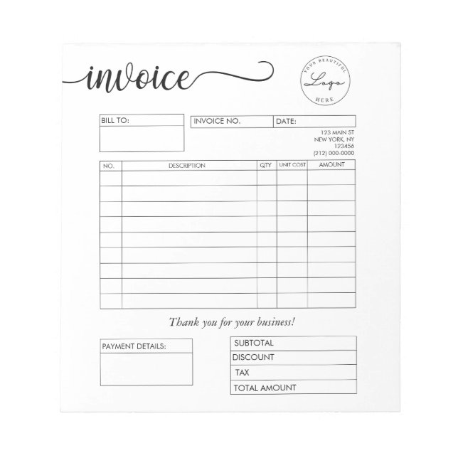Custom Logo Invoice Small Business Notepad (Front)
