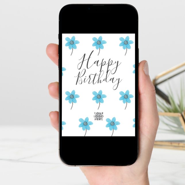 Custom Logo Light Blue Flower Happy Birthday Card (Front Digital)