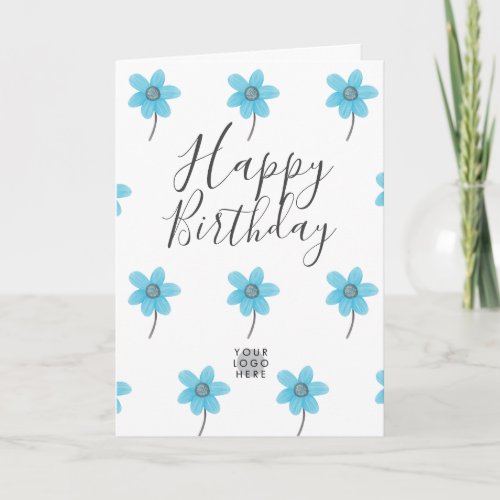 Custom Logo Light Blue Flower Happy Birthday Card