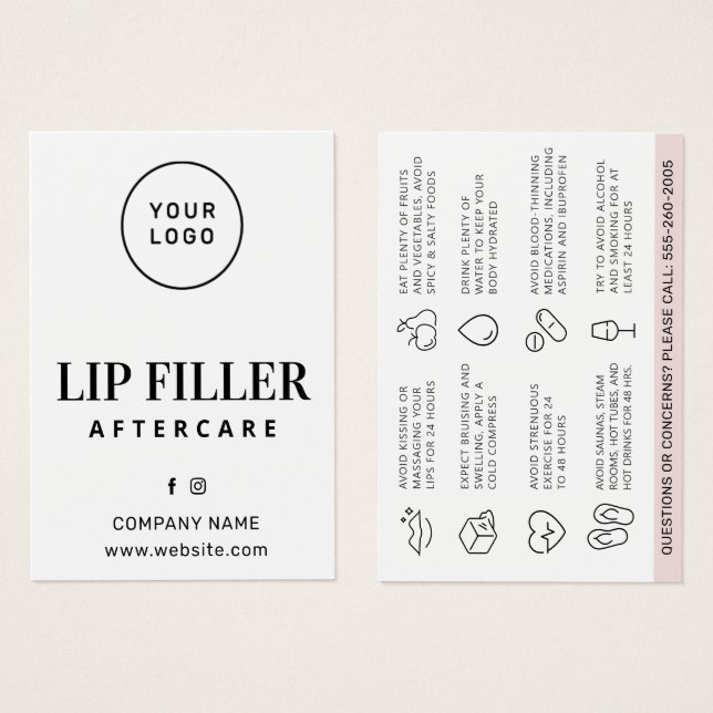 Custom Logo Lip Filler Aftercare Advice Card (Front & Back)