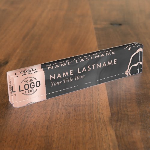 Custom Logo Luxury Black Rose Gold Agate Marble Desk Name Plate