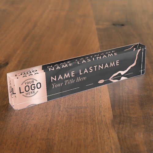 Custom Logo Luxury Black Rose Gold Agate Marble Desk Name Plate