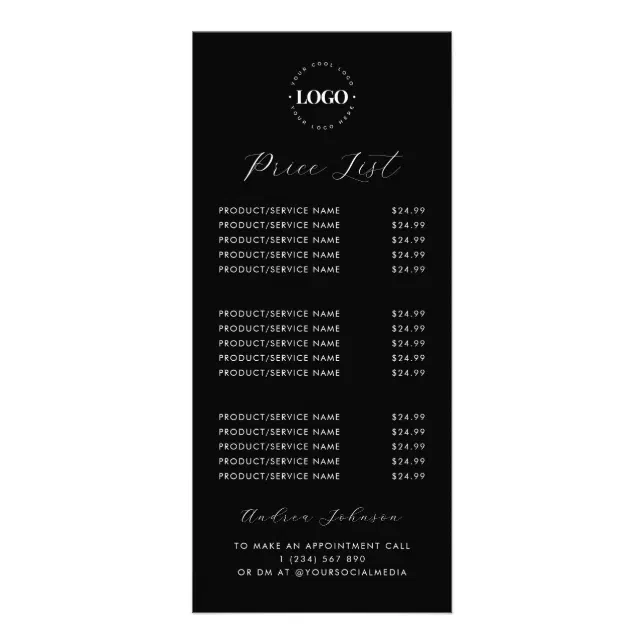 Custom Logo Minimalist Black Script Price List Rack Card | Zazzle