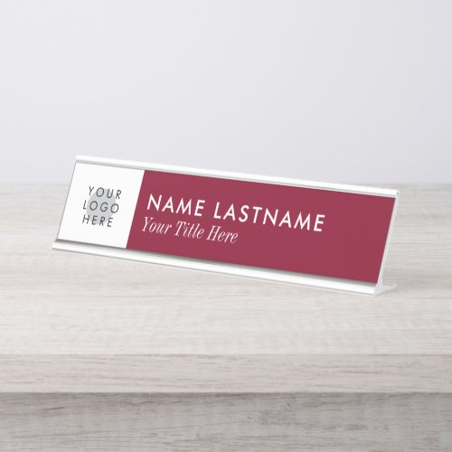 Custom Logo Minimalist Elegant Burgundy White Desk Name Plate