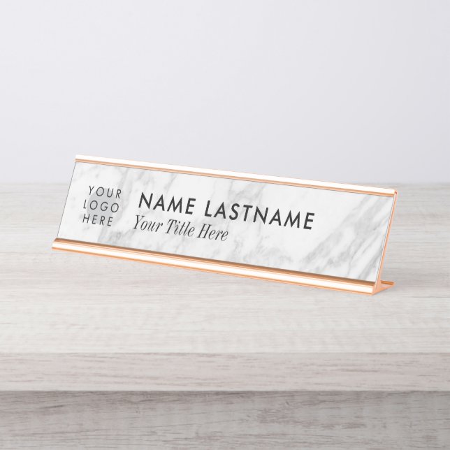 Custom Logo Minimalist Grey White Marble Title Desk Name Plate (Front)
