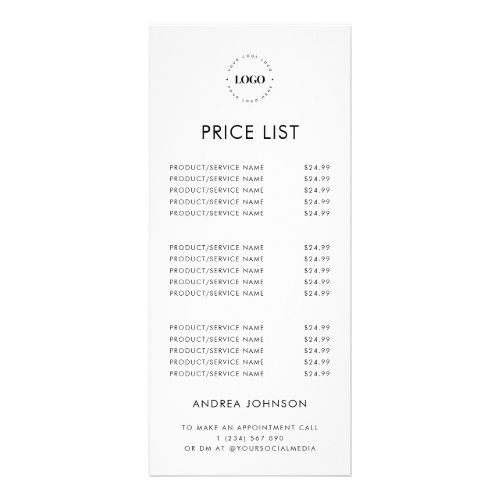 Custom Logo Minimalist Plain Services Price List Rack Card
