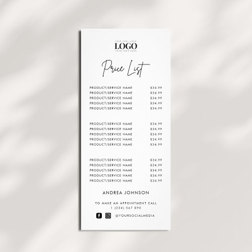 Custom Logo Minimalist Services Script Price List Rack Card