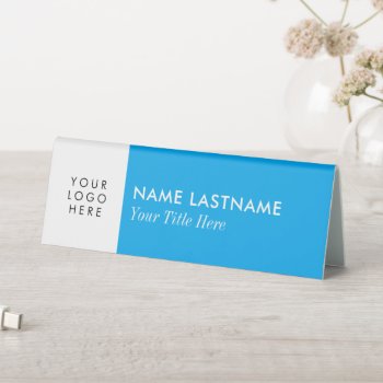 Custom Logo Minimalist Simple Sky Blue White Name Table Tent Sign by pinkpinetree at Zazzle