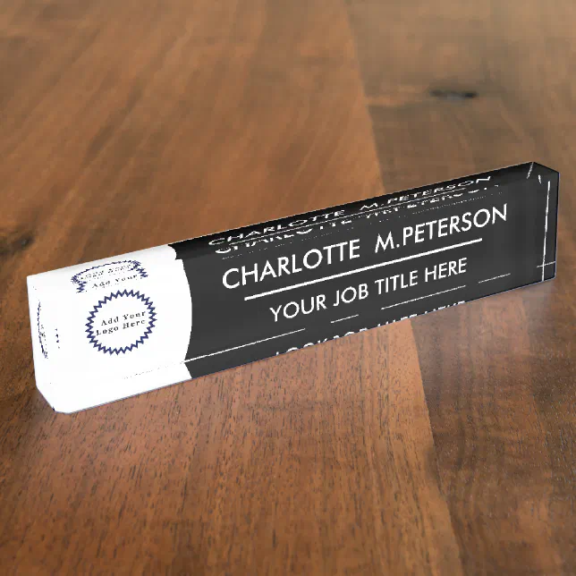 Custom Logo Modern Black and White Desk Name Plate | Zazzle