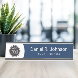 Custom logo modern dark blue and white desk name plate