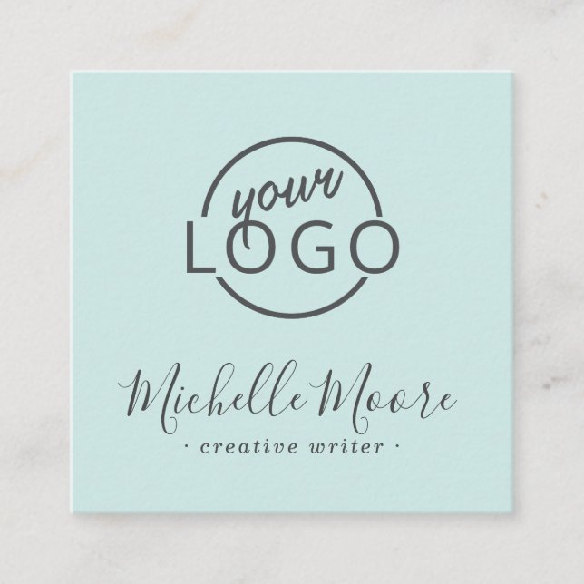 Custom logo modern feminine minimalist blue square business card (Front)