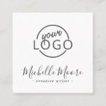 Custom logo modern feminine minimalist white square business card<br><div class="desc">Feminine, square, professional, white business cards or personal profile cards with your name and title on the front and a logo template for uploading your business logo. Customizable name, title/company name and contact information on the back. A minimal and classy design for any industry. Follow us on Facebook @businessstationery for...</div>