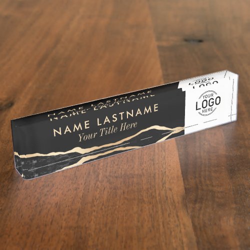 Custom Logo Modern Luxury Black Gold Agate Marble Desk Name Plate