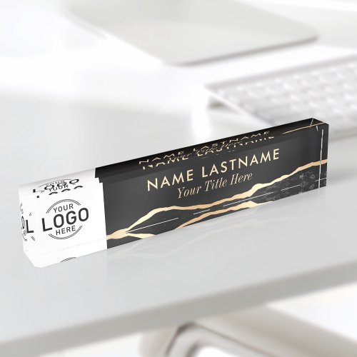 Custom Logo Modern Luxury Black Gold Agate Marble Desk Name Plate