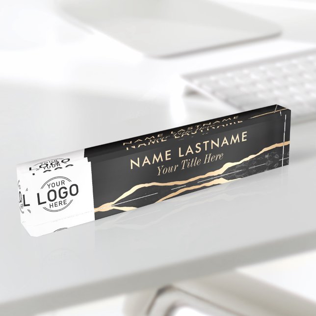 Custom Logo Modern Luxury Black Gold Agate Marble Desk Name Plate (Creator Uploaded)