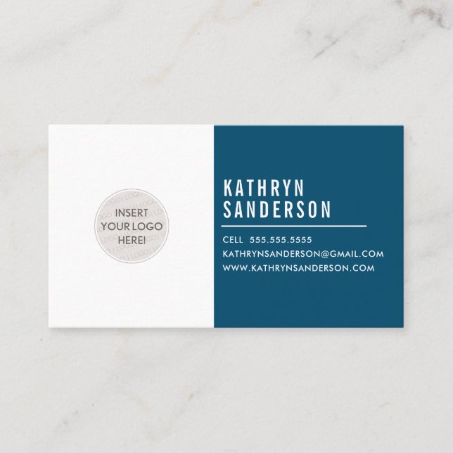 CUSTOM LOGO modern minimal Dark Navy Blue white Business Card (Front)