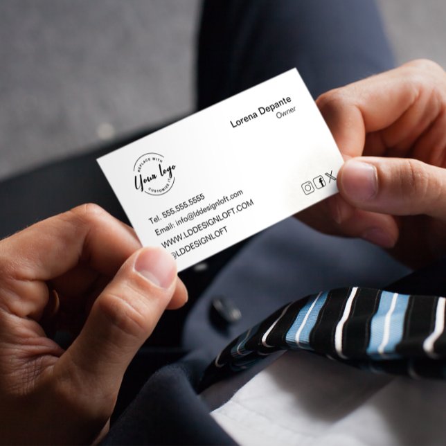 Custom Logo Modern Minimalist Social Media QR code Business Card (Black white generic business card custom logo and social media icons.)