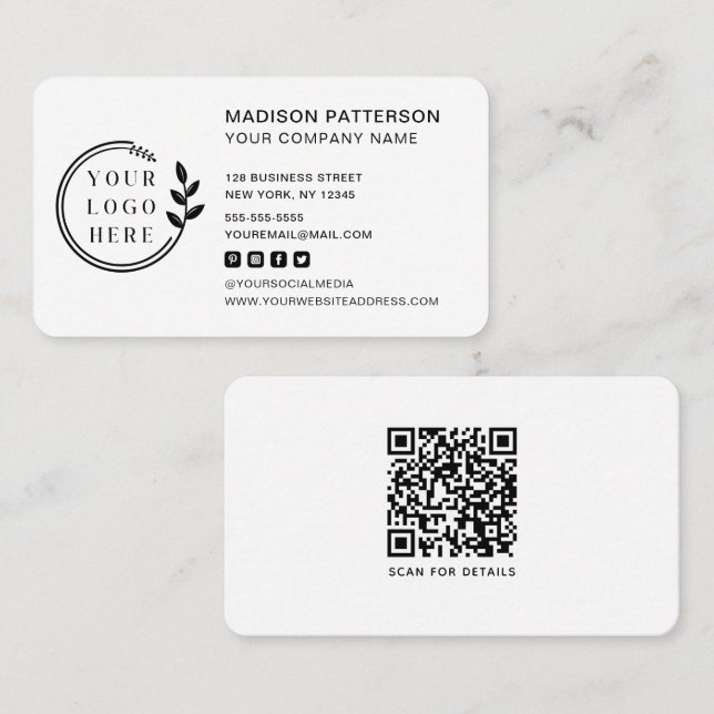 Custom Logo Modern Minimalist Social Media QR Code Business Card (Front/Back)