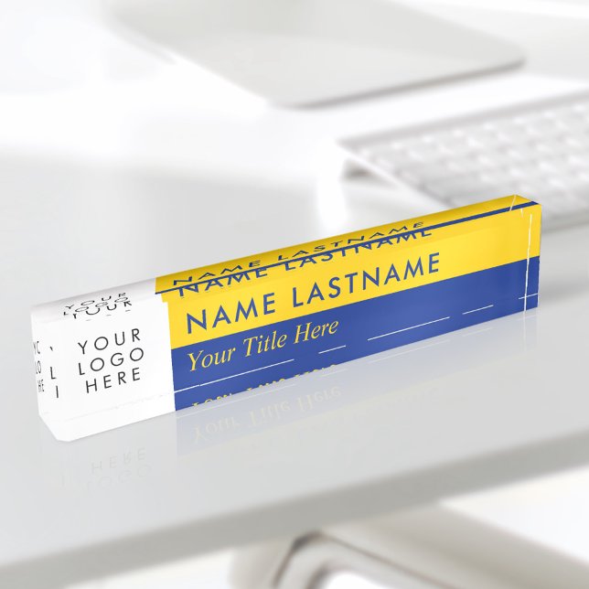 Custom Logo Modern Navy Blue and Yellow Desk Name Plate (Creator Uploaded)