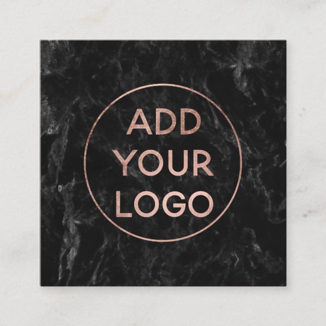 Custom logo modern rose gold chic black marble square business card (Front)