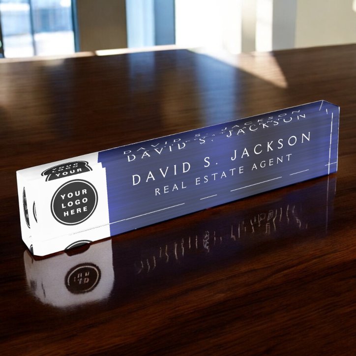 Custom Logo Modern Simple Navy Blue Trendy Desk Name Plate