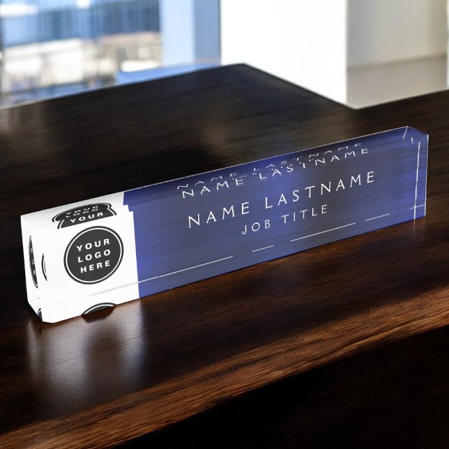 Custom Logo Modern Simple Navy Blue Trendy Desk Name Plate (Creator Uploaded)