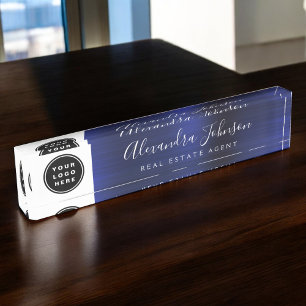 Custom Logo Modern Simple Navy Blue Trendy Desk Name Plate