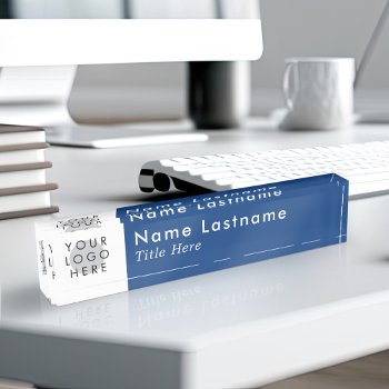 Custom Logo Modern Simple Navy Blue Trendy Desk Name Plate by pinkpinetree at Zazzle