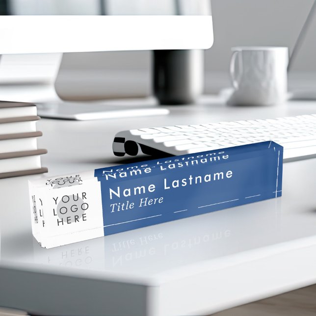 Custom Logo Modern Simple Navy Blue Trendy Desk Name Plate (Creator Uploaded)