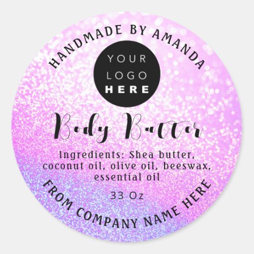 Custom Logo Name Body Butter Cosmetic Pink Glitter Classic Round Sticker